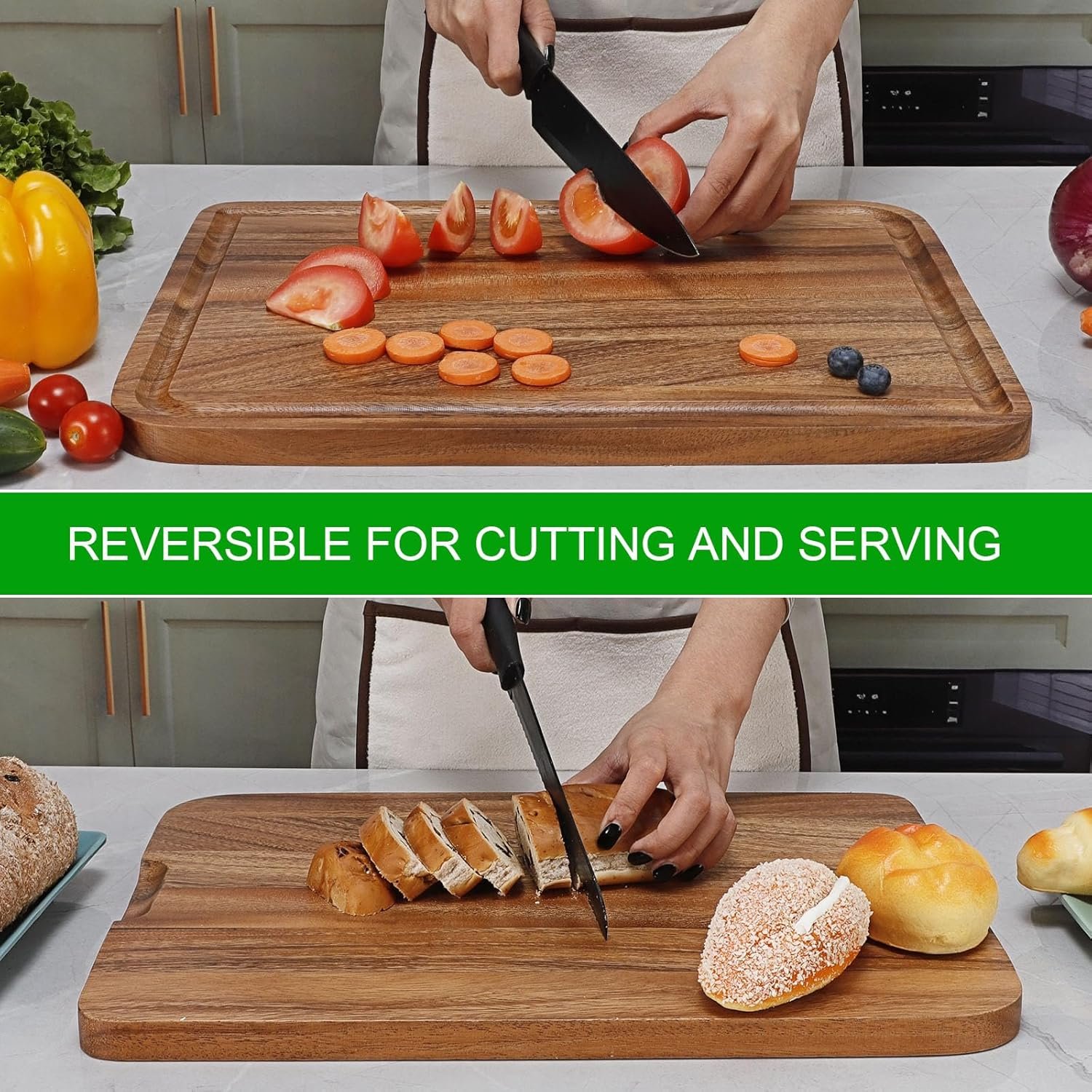 Acacia Wood Cutting Board for Kitchen - Organic Wooden Chopping Serving Board with Deep Juice Groove for Meat (Butcher Block) Veggies, Fruit and Cheese, 17 x 12" - Image 2