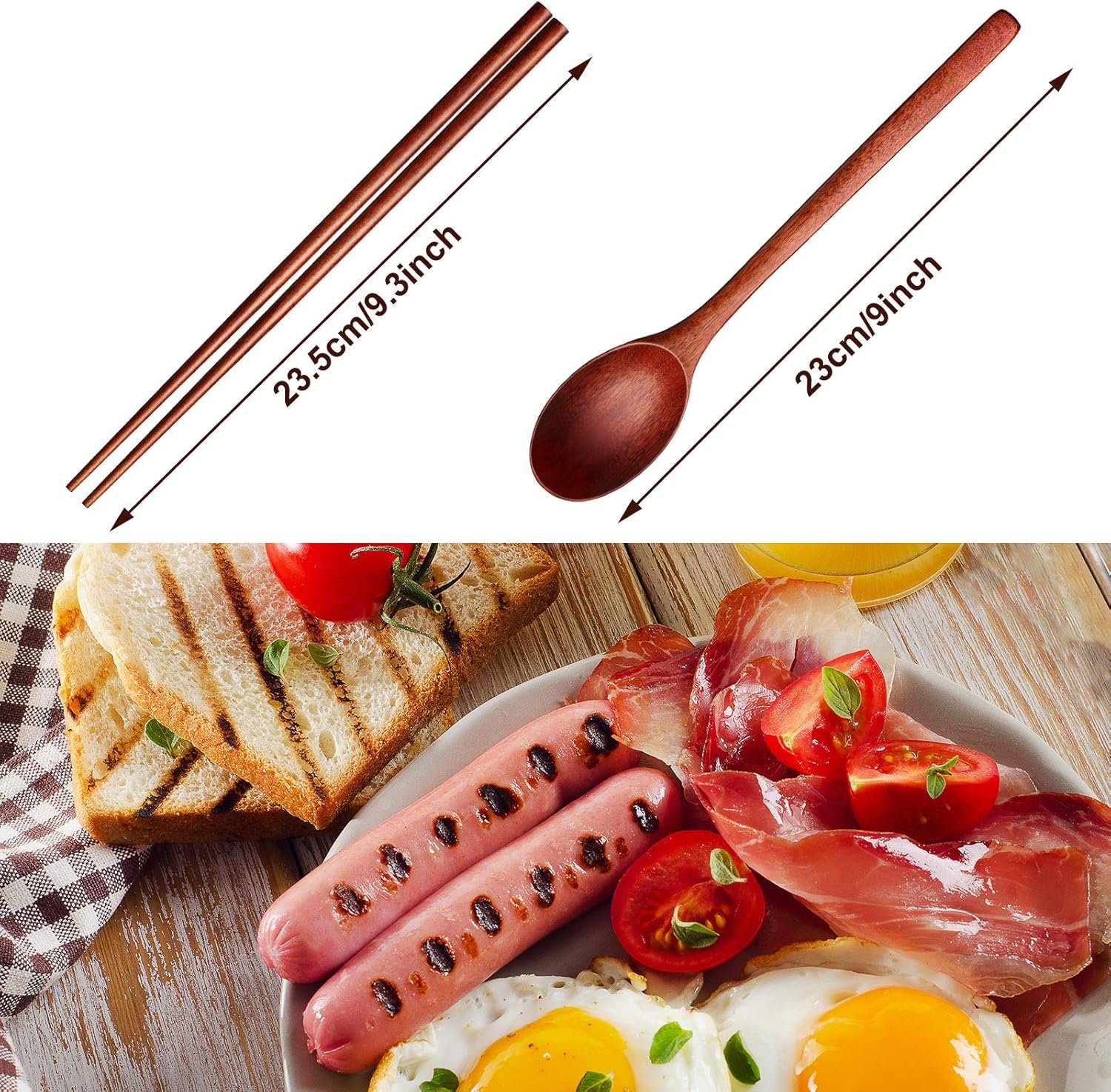 Wooden Spoon and Chopsticks Set Long Handle Spoon Chopstick Flatware Reusable Tableware Combination Utensils for Eating Food, 9.3 Inch (8) - Image 2