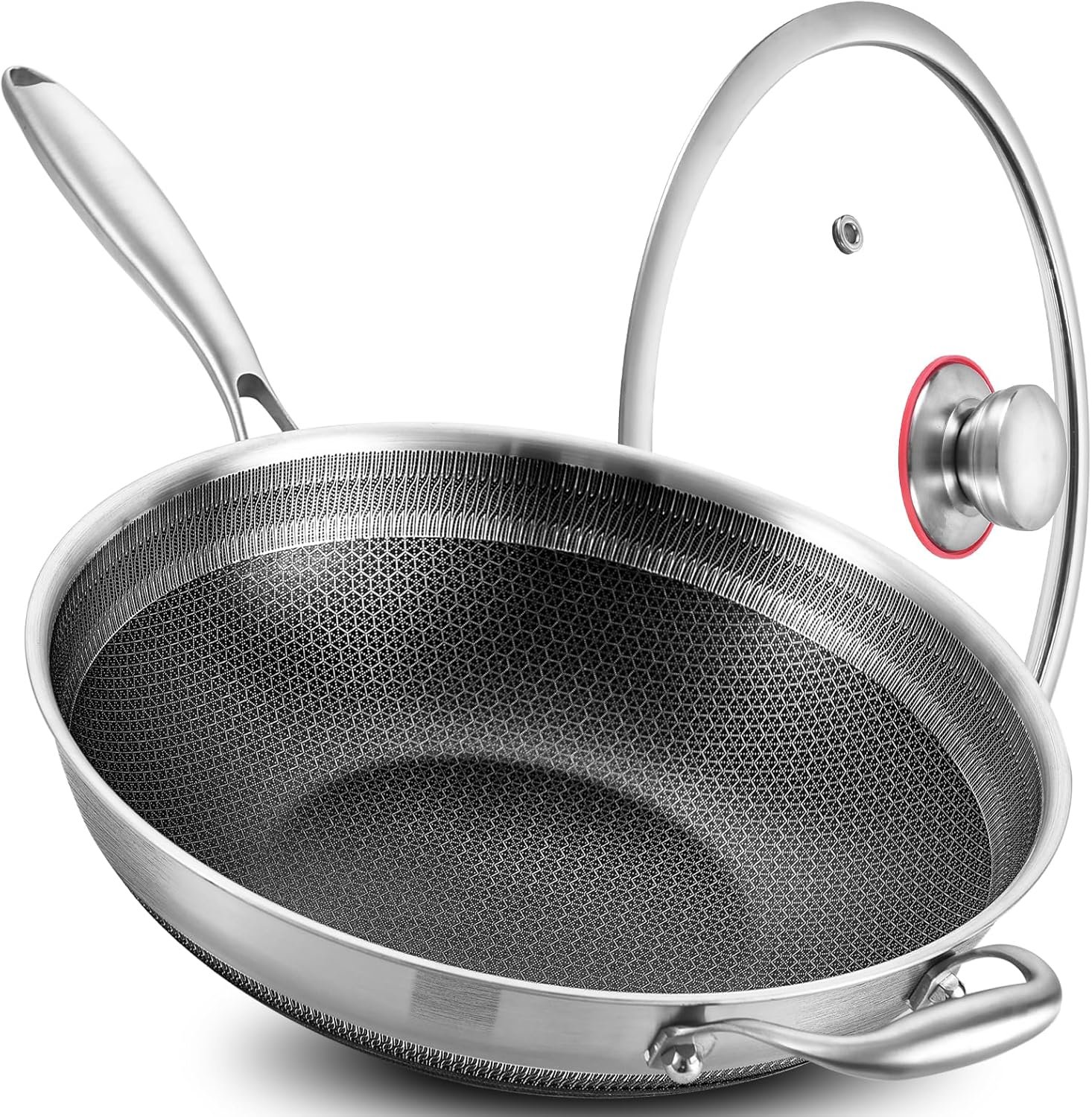New Tri-Ply Stainless Steel Wok Pan with Lid,Ceramic Nonstick Coating Stir Frying Pan,Induction Cooking Pan,Dishwasher and Oven Safe. (12-Inch Long Handle)
