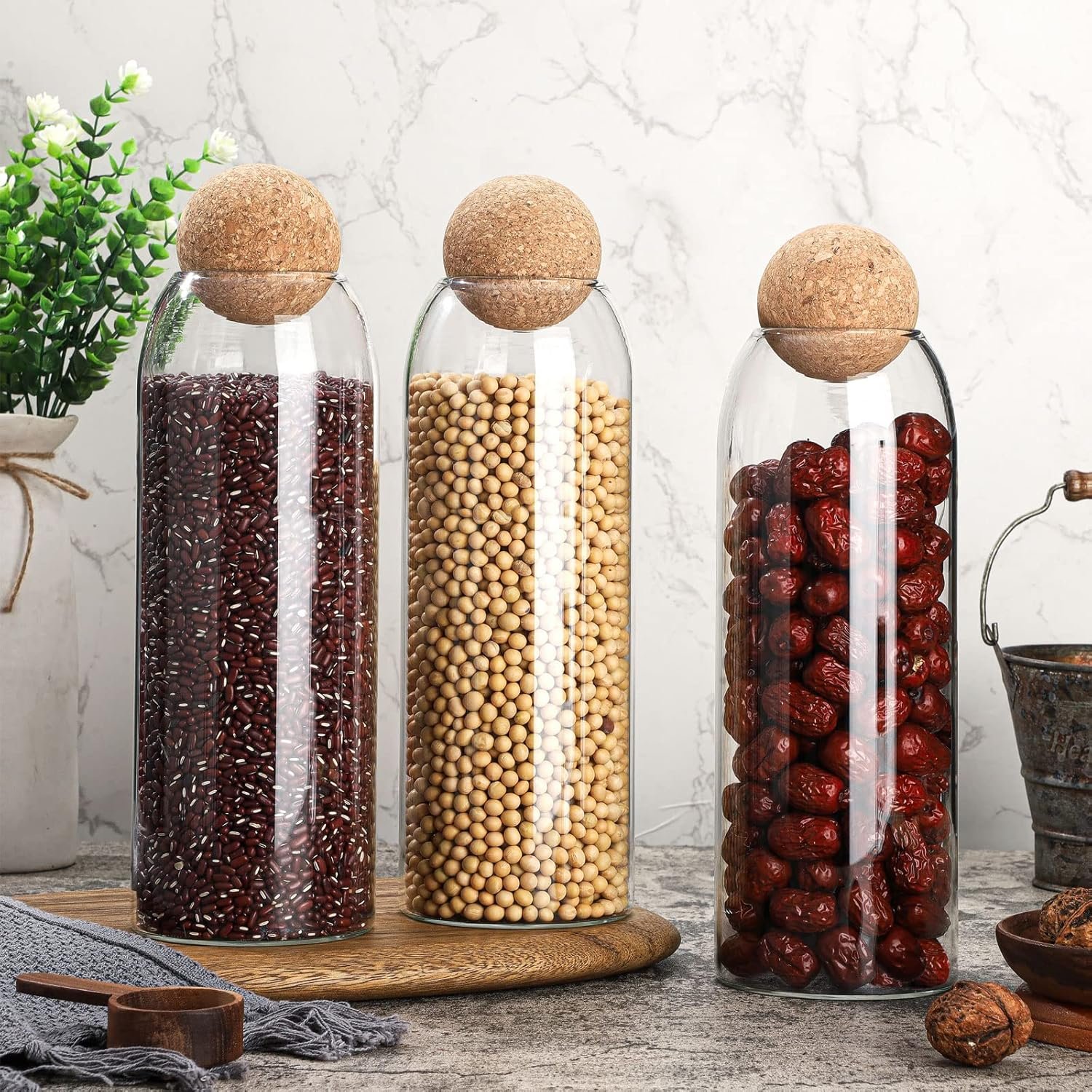 3 Pcs Glass Jar Storage Container with Ball Cork Decorative Round Organizer Bottle Sealed Canister Jar with Airtight Seal Wooden Lid for Food Coffee Bean Candy Biscuits Spice(1300 ML/ 44 Oz) - Image 2