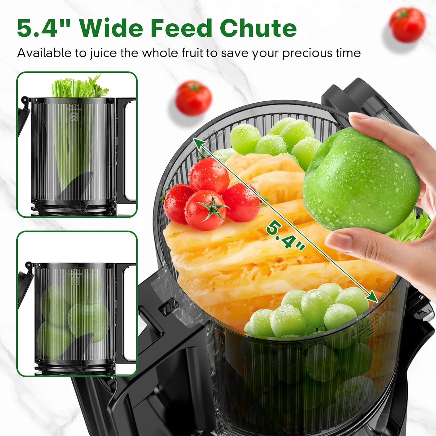 Cold Press Juicer, Masticating Juicer with 5.4" Wide Feed Chute, 350w Slow Juicer Machines Fit Whole Vegetables and Fruits with High Juice Yield, Easy to Clean (Black) - Image 2