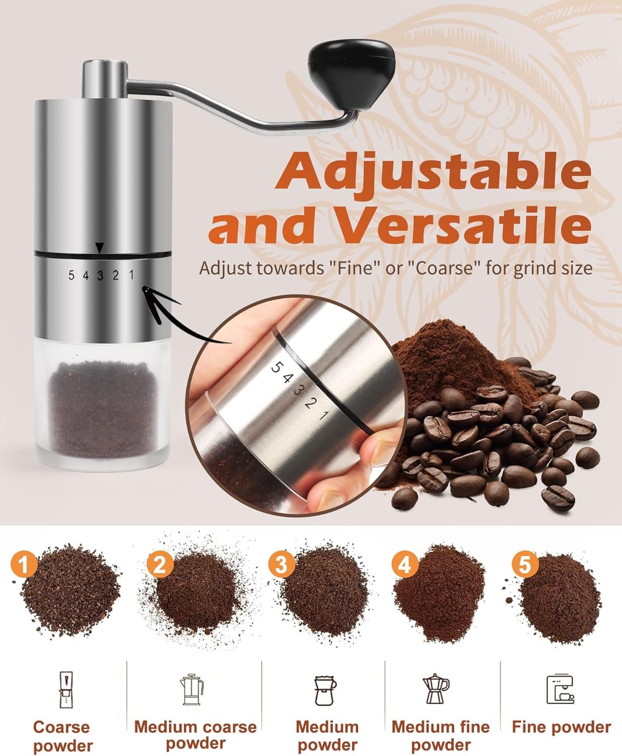 Manual Coffee Grinder With Ceramics Burr For Espresso,French Press,5 Adjustable Settings,Hand Maker with Built-In Burr,For Home Use and Camping Travel,Coffee Bean Grinders With Hand Crank - Image 2