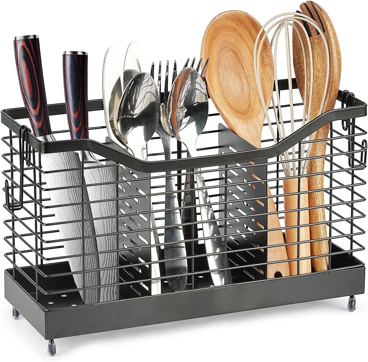 Utensil Holder for Kitchen Counter, Stainless Steel Utensil Drying Rack with 3 Compartments for Kitchen Countertop, Cooking Cutlery Silverware, Forks, Knives, Spoons Organizer