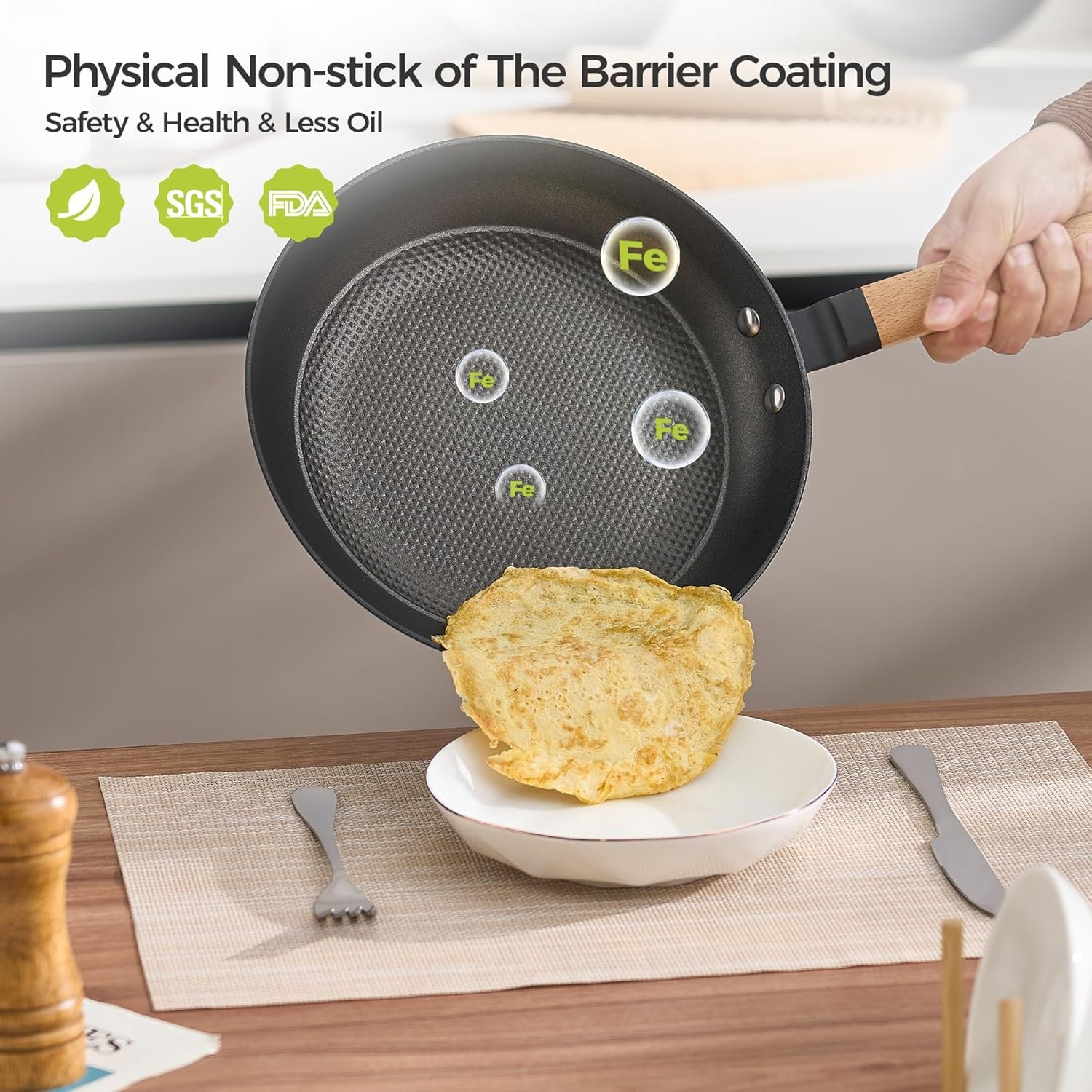 8&10&12 Inch Non-stick Cast Iron Skillet,Enamel Pre-seasoned Frying Pan with Detachable Handle,Lightweight,Dishwasher Oven Safe (500°F) - Image 2